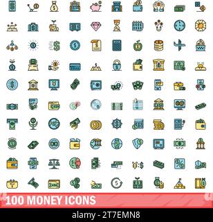 100 Geldsymbole gesetzt. Farblinie Satz von Geldvektorsymbolen dünne Linie Farbe flach auf weiß Stock Vektor