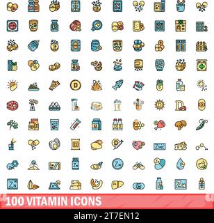 100 Vitaminsymbole Set. Farblinie Satz von Vitaminvektorsymbolen dünne Linie Farbe flach auf weiß Stock Vektor