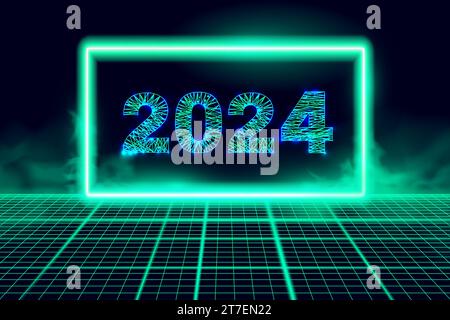 Grußkarte für das neue Jahr 2024, Zahlen aus einem polygonalen Drahtgitter mit leuchtendem Neonrahmen. Abstrakter Hintergrund. Vektorabbildung. Stock Vektor