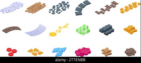 Symbole für Steinfußweg legen den isometrischen Vektor fest. Hofhaus. Wald alte Natur Stock Vektor