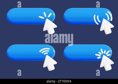 Mauszeiger drücken mit Aktionseffekt beim 3D-Rendern der blauen Taste Stockfoto