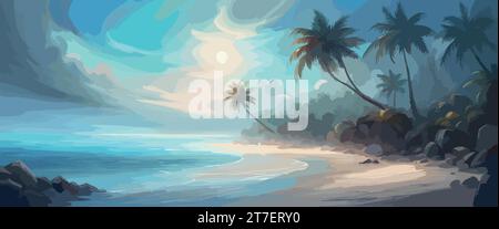Banner am Strand mit Palmen. Buntes Bild zum Ausruhen. Blaue Palmen bei Sonnenuntergang, Himmel mit Wolken. Vektorabbildung Stock Vektor