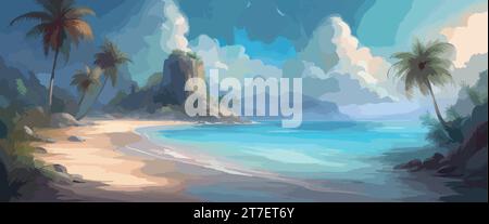 Bannerpalmen überspannen das Meer bei Sonnenuntergang. Blauer Hintergrund mit gelben Wolken und Sandstrand. Indischer Ozean Sonnenuntergang Küste. Die Wellen an der Küste. Vektorabbildung Stock Vektor