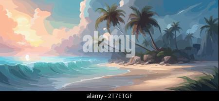 Banner Beach mit Palmen, Meerblick, Sommer Hintergrund Illustration Konzept, Himmel mit Wolken. Vektorabbildung Stock Vektor