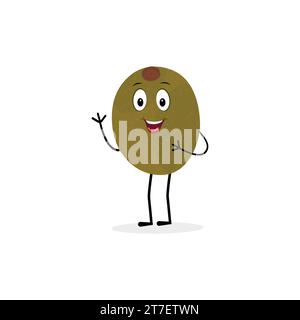 Niedlicher Kiwi-Zeichentrick. Mit fröhlichen Gesichtsausdrücken und einer anderen Haltung. Karikaturcharakter mit Kiwi-Scheiben mit verschiedenen Emoticons des Küchenchefs Stock Vektor