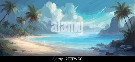 Banner abstrakte Aussicht auf den Strand. Palmenseite. Sommerferienkonzept, Himmel mit Wolken. Vektorabbildung Stock Vektor