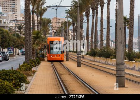 Alicante, Spanien - 14. Oktober 2023: Orangene Straßenbahn entlang der Promenade zwischen Alicante und San Juan Stockfoto
