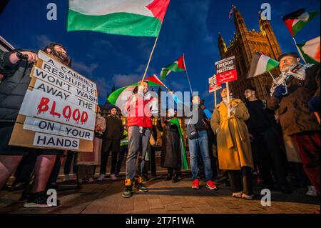 London, Großbritannien. November 2023. Palästina protestiert vor dem parlament, um einen Waffenstillstand als Parlamentsdebatte zu diesem Thema zu fordern. Die große Menschenmenge reagiert auf den jüngsten Ausbruch der Gewalt, und die israelische Reaktion im Gazastreifen und der marsch schien völlig friedlich. Der Protest wurde unter anderem von der Palästinensischen Solidaritätskampagne UK und Friends of Al Aqsa organisiert. Guy Bell/Alamy Live News Stockfoto