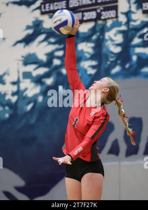 High School Volleyball Action mit Madison vs Post Falls in Coeur d'Alene, Idaho. Stockfoto