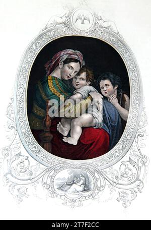 Illustration des Säuglings Jesus Christus, Jungfrau Maria und Johannes mit Zeichnung der Ruhe in Ägypten darunter aus der selbstinterpretierenden Familie B Stockfoto