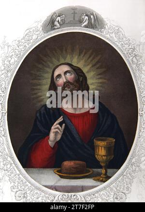 Illustration von Christus, dem Erlöser, der das Brot aus der selbstinterpretierenden Familienbibel segnet Stockfoto