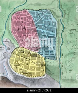 Illustration eines Plans der antiken Stadt Jerusalem Israel aus der selbstinterpretierenden Familienbibel Stockfoto