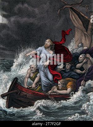 Illustration von Jesus Christus, der den Sturm stillt (Markus IV.39) aus der selbstinterpretierenden Familienbibel Stockfoto