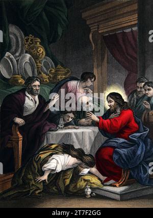 Illustration von Christus, gesalbt von Maria Magdalena, die seine Füße mit Öl gesalbt und sie mit ihren Haaren abgewischt hat (Markus XIV.3) Stockfoto