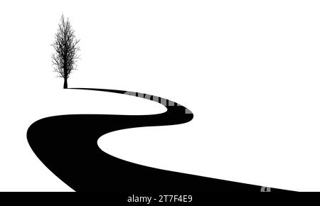 Straßen- und Baumlogodesign, kurviges Straßensymbol und Landschaftsschild, Vektorsymbol in flachem Stil isoliert auf weißem Hintergrund und Kopierraum für Text Stock Vektor