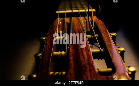 Gitarrenkopf-Makro mit schwarzem Hintergrund Stockfoto