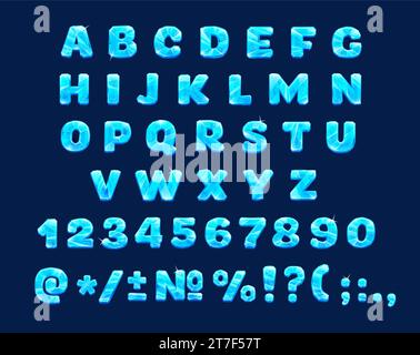 Zeichentrickschriftart, gefrorener Wintertyp, blaue Kristallschriftart, englisches Alphabet. Eisvektorschriftart, Buchstaben und Ziffern, lateinische ABC Eisensetzung und Zahlensymbol aus Hochglanzglas Stock Vektor