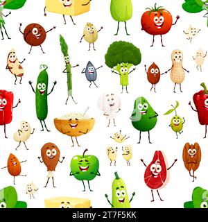 Cartoon niedliche Keto-Diät-Lebensmittel-Charaktere nahtloses Muster. Geschenkpapier Muster, Tapetenvektor nahtloser Hintergrund mit Brokkoli, Spargel, Gurke und Avocado, Pilz, Erdnuss nette Persönlichkeiten Stock Vektor