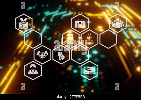 Konzept für Big Data Processing Center, Cloud-Datenbank, Server-Energiestation Zukunft. Datenübertragungstechnologie. Synchronisieren persönlicher Informationen. Stockfoto