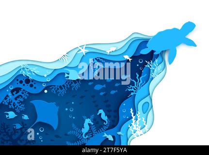 Ozeanschildkröte Silhouette und Meerespapier geschnitten Unterwasserlandschaft mit Algen und Tieren, Vektorhintergrund. Unterwasserwelt oder Korallenriff in papiergeschnittenen Schichten mit Stachelrochen, Seesternen und Seepferdchen Stock Vektor