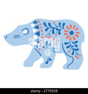 Vektorillustration von gemustertem Tier im nordischen Stil Hygge. Silhouette eines Eisbären im Volksstil isoliert auf weißem Hintergrund Stock Vektor