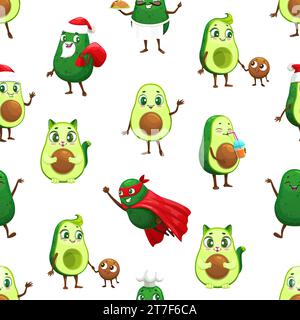 Cartoon-Avocadofiguren nahtloses Muster. Hintergrundbild oder Vektorhintergrund für Geschenkpapier. Textilmuster oder nahtloser Stoffdruck mit Avocado Santa, Katze und Superhelden, komischen Persönlichkeiten des Küchenchefs Stock Vektor