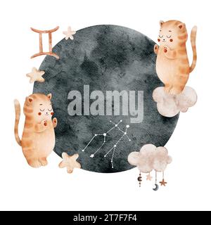 Aquarell Kinderkomposition von Sternzeichen Gemini, Wolke, Sternen, Horoskop-Symbol, Sternbild. Zum Drucken, Verpacken, Ansichtskarten, Broschüren, Stockfoto