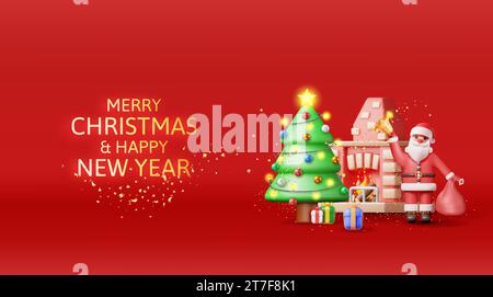 3D Red Brick New Year Kamin und Weihnachtsmann. Stock Vektor