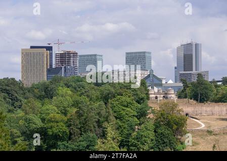 Luxemburg-Stadt, Luxemburg - Blick auf das Kirchberg-Viertel mit vielen Bürotürmen, die im Bau sind, und einem Wald im Vordergrund. Stockfoto