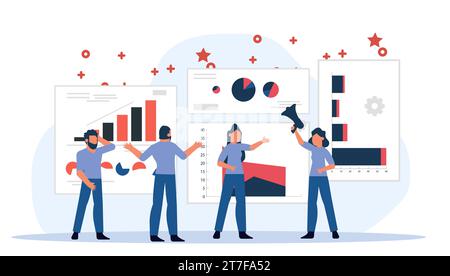 Finanzdatenanalyse und unverzichtbar für eine effektive Geschäftsplanung. Die Grafik der Konzeptvektorgrafik zeigt eine Person, die Daten auf einem Grap analysiert Stock Vektor