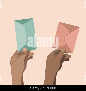 Vektor-Illustration von zwei Männerhänden, die Umschläge halten. Stock Vektor