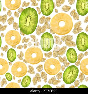 Aquarellmuster mit Essen, Reifen Früchten, Kiwi-Stücken, Ananas und Müsli auf weißem Hintergrund. Handgezeichnete botanische Illustration, Fruchtdruck Stockfoto