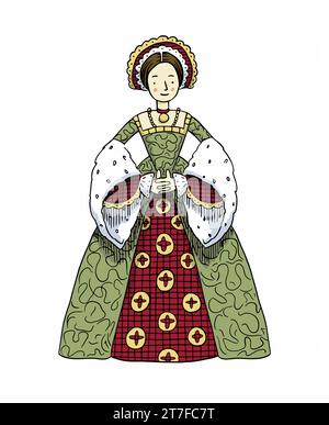 Hand gezeichnet Lady Tudor Mode - mittelalterliche Frau Historisches Kostüm Vektor Illustration Stock Vektor