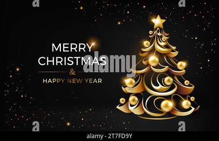 Weihnachtshintergrund mit goldenem weihnachtsbaum auf schwarzem Hintergrund - elegante abstrakte weihnachtsvektor-Illustration des Luxus Stock Vektor
