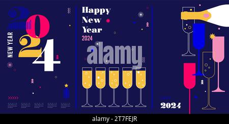 Happy New Year, Poster, Banner und Kartendesign. Vektorabbildung. Feier 2024 Stock Vektor