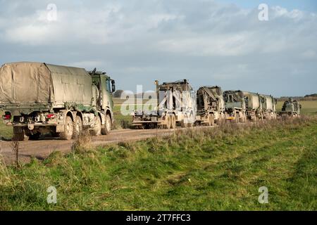 Ein Konvoi der niederländischen Armee Scania Utility Trucks im Einsatz bei einer militärischen Übung Stockfoto