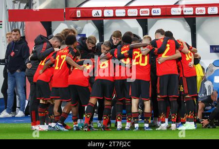 Leuven, Belgien. November 2023. Die belgischen Spieler werden am Mittwoch, den 15. November 2023, im King Power-Stadion den Dreef in Leuven zu Beginn eines Freundschaftsspiels zwischen der belgischen Fußballnationalmannschaft Red Devils und Serbien gezeigt. Der Standort hat sich gestern geändert, weil das Feld des King Baudouin Stadions in Brüssel überflutet wurde. BELGA PHOTO VIRGINIE LEFOUR Credit: Belga News Agency/Alamy Live News Stockfoto