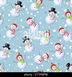 Nahtloses Weihnachtsmuster mit Schneemännern und Schneefall auf blauem Hintergrund. Vektor Weihnachten nahtloser Hintergrund Stock Vektor