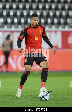 Leuevn, Belgien. November 2023. Der belgische Aster Vranckx wurde während eines Freundschaftsspiels zwischen der belgischen Fußballnationalmannschaft Red Devils und Serbien am Mittwoch, den 15. November 2023, im King Power im den Dreef Stadium in Leuven gezeigt. Der Standort hat sich gestern geändert, weil das Feld des King Baudouin Stadions in Brüssel überflutet wurde. BELGA FOTO BRUNO FAHY Credit: Belga News Agency/Alamy Live News Stockfoto