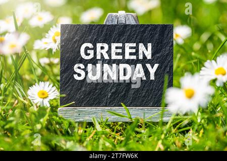 Augsburg, Bayern, Deutschland - 15. November 2023: Grüner Sonntag Schriftzug auf einem Schild auf einer grünen Wiese FOTOMONTAGE *** Grüner Sonntag Schriftzug auf einem Schild in einer grünen Wiese FOTOMONTAGE Credit: Imago/Alamy Live News Stockfoto
