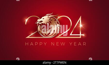 2024 Jahr der Drachen Silhouette Gold und roter Hintergrund. Minimalistischer chinesischer Drachen Neujahr 2024 Bannervektor, Mondneujahr-Grußkarte Stock Vektor