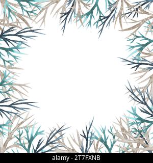 weihnachtsrahmen im Wald. Aquarell handgezeichnete botanische Illustration. Blau, grün und Gold. Stockfoto