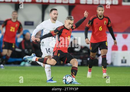 Leuevn, Belgien. November 2023. Der belgische Leandro Trossard wurde während eines Freundschaftsspiels zwischen der belgischen Fußballnationalmannschaft Red Devils und Serbien am Mittwoch, den 15. November 2023, im King Power im den Dreef Stadium in Leuven gezeigt. Der Standort hat sich gestern geändert, weil das Feld des King Baudouin Stadions in Brüssel überflutet wurde. BELGA FOTO BRUNO FAHY Credit: Belga News Agency/Alamy Live News Stockfoto