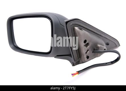 Seitenansicht des Außenspiegels aus Kunststoff mit Gehäuse und elektrischem Kabel. Stockfoto