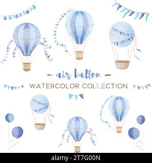 Aquarell Heißluftballon Sammlung Vektoren für Designs und Karten Stock Vektor
