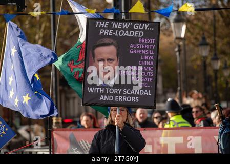 London, Großbritannien. November 2023. Ein Demonstrant hält ein Plakat mit dem ehemaligen Premierminister David Cameron während der Proteste auf dem Parliament Square in London. Pro-EU-Aktivisten organisierten heute einen kleinen Protest im Parlament in London, Großbritannien. Die Demonstranten fordern Parlamentswahlen und den Beitritt zur Europäischen Union. Quelle: SOPA Images Limited/Alamy Live News Stockfoto