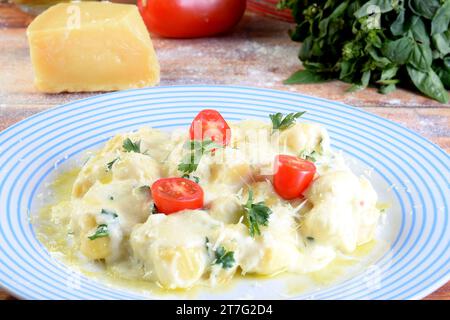 rondelli Cannelloni köstliche Gnocchi-Pasta in weißer Sauce mit Parmesankäse, Tomaten, Basilikum, Kräutern, gesundes Essen der italienischen und französischen Küche. Stockfoto