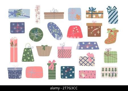 Weihnachtsgeschenkboxen Set mit Band und Bogen Vektor Illustration, Frohe Weihnachten und Happy New Year festliche traditionelle Winterfeiertage Dekor, Ornament für Poster, Grußkarte, Aufkleber Stock Vektor