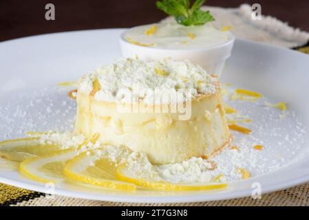 dulce de leche Pudding mit Zuckersirup und leckerer Sauerrahm in Pulver, serviert auf einem weißen Teller. Stockfoto