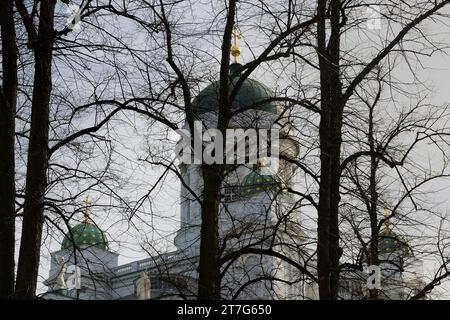 Kuppeln der Kathedrale von Helsinki hinter Baumsilhouetten im Herbst Stockfoto